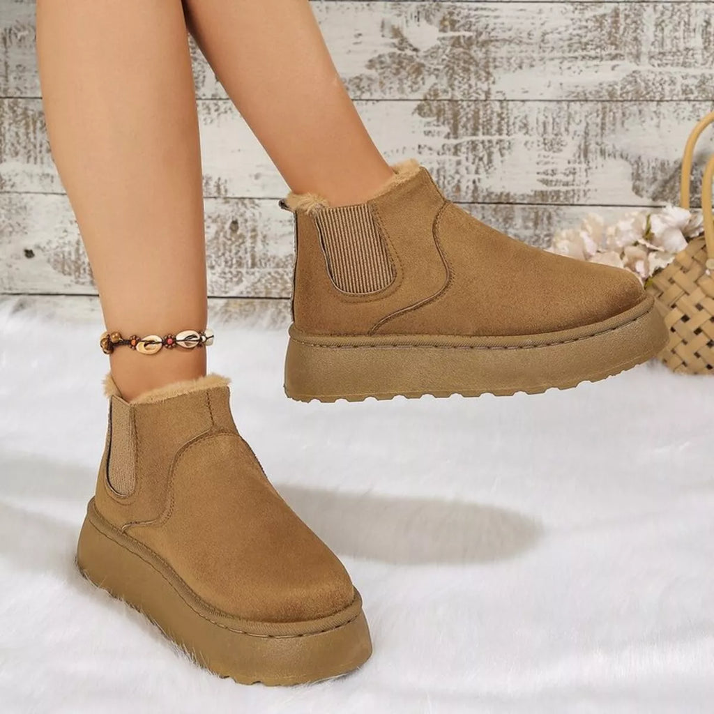 Tan suede round-toe platform ankle boots with elastic gore and faux fur cuff trim