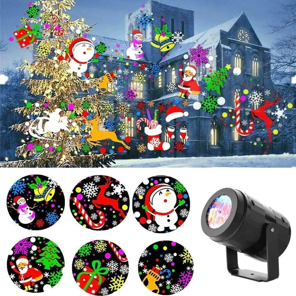 Black LED projector light with multiple circular holiday pattern slides and rotating lens