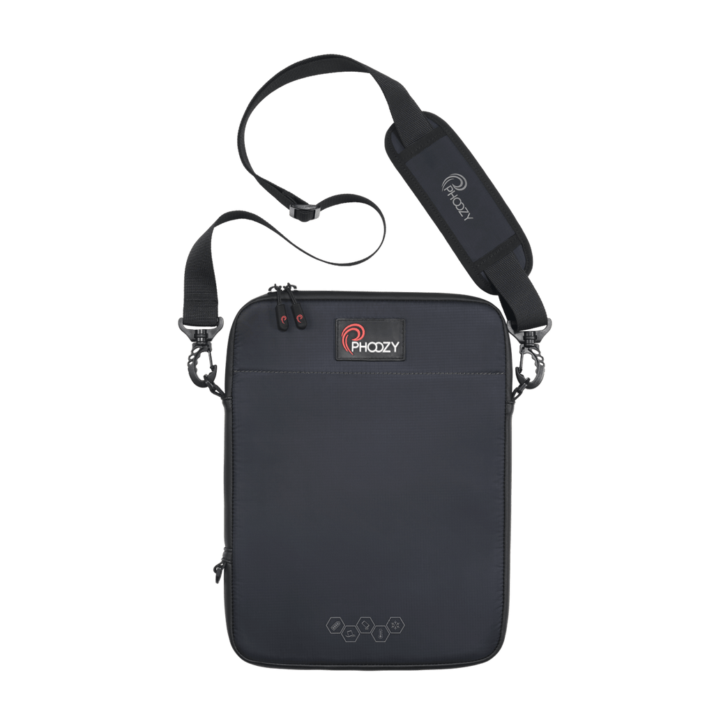 Insulated dark navy tablet and laptop crossbody case with adjustable shoulder strap
