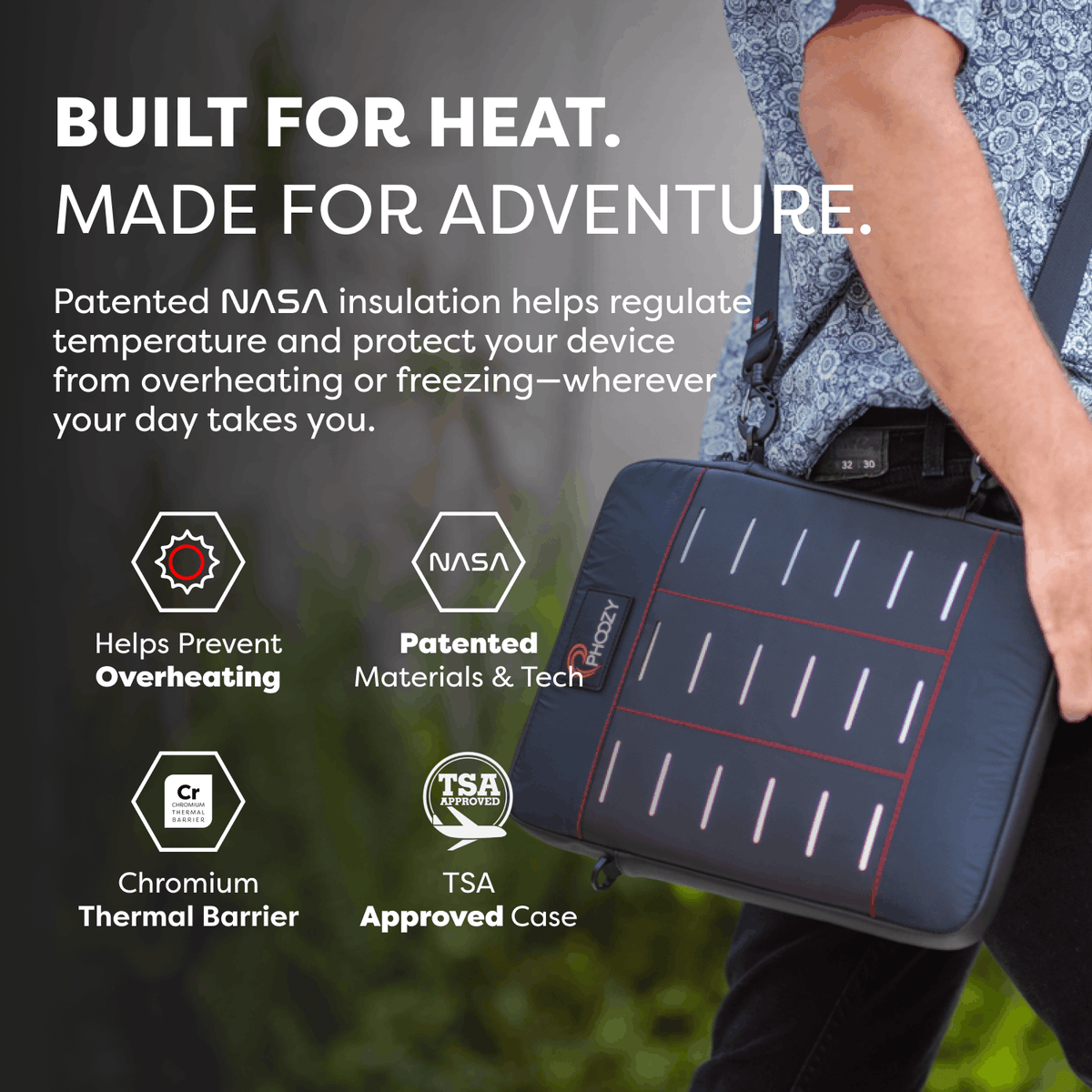 Dark navy insulated tablet and laptop crossbody case worn with red-lined interior