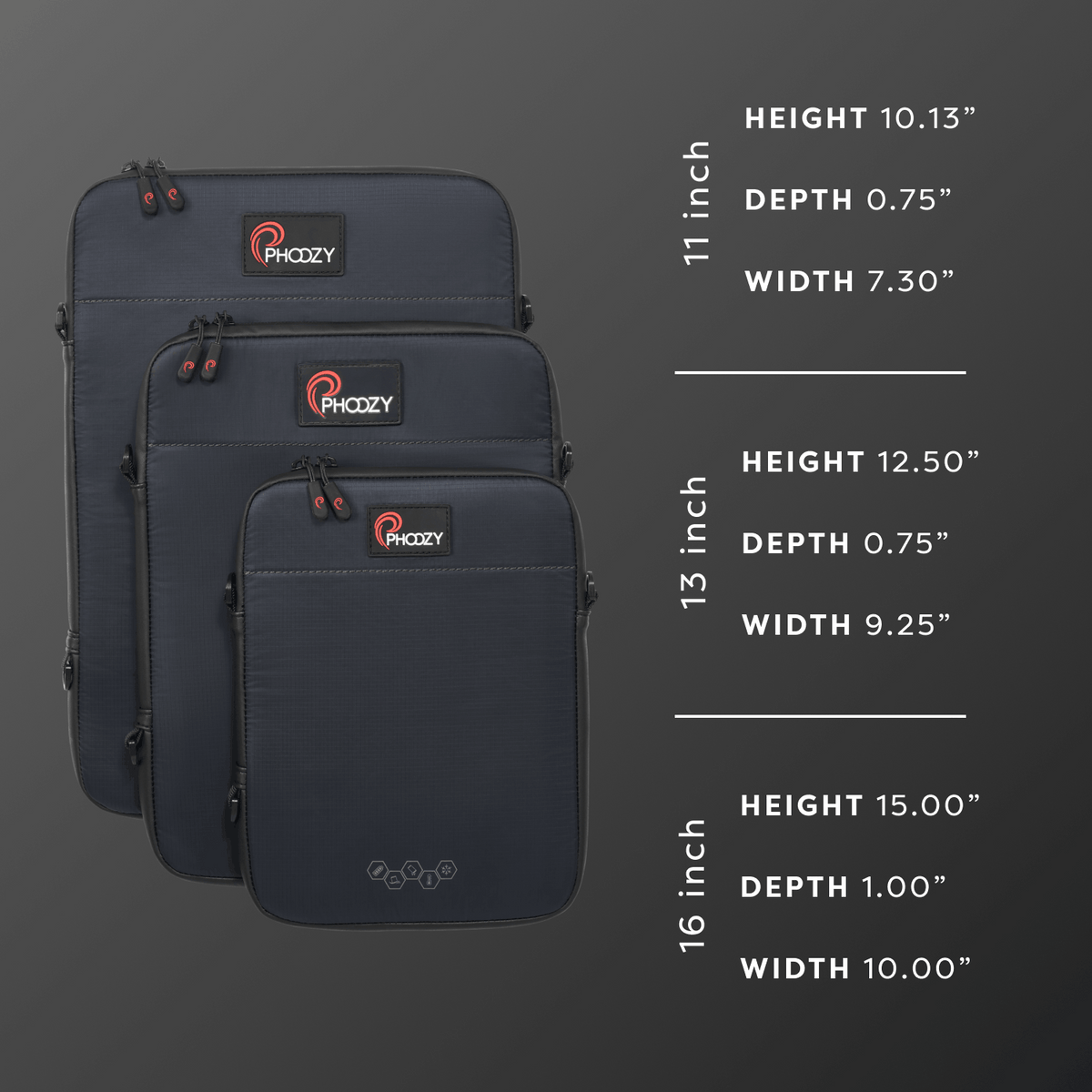 Navy Phozzy tablet sling bag set shown in multiple sizes with front logo patches