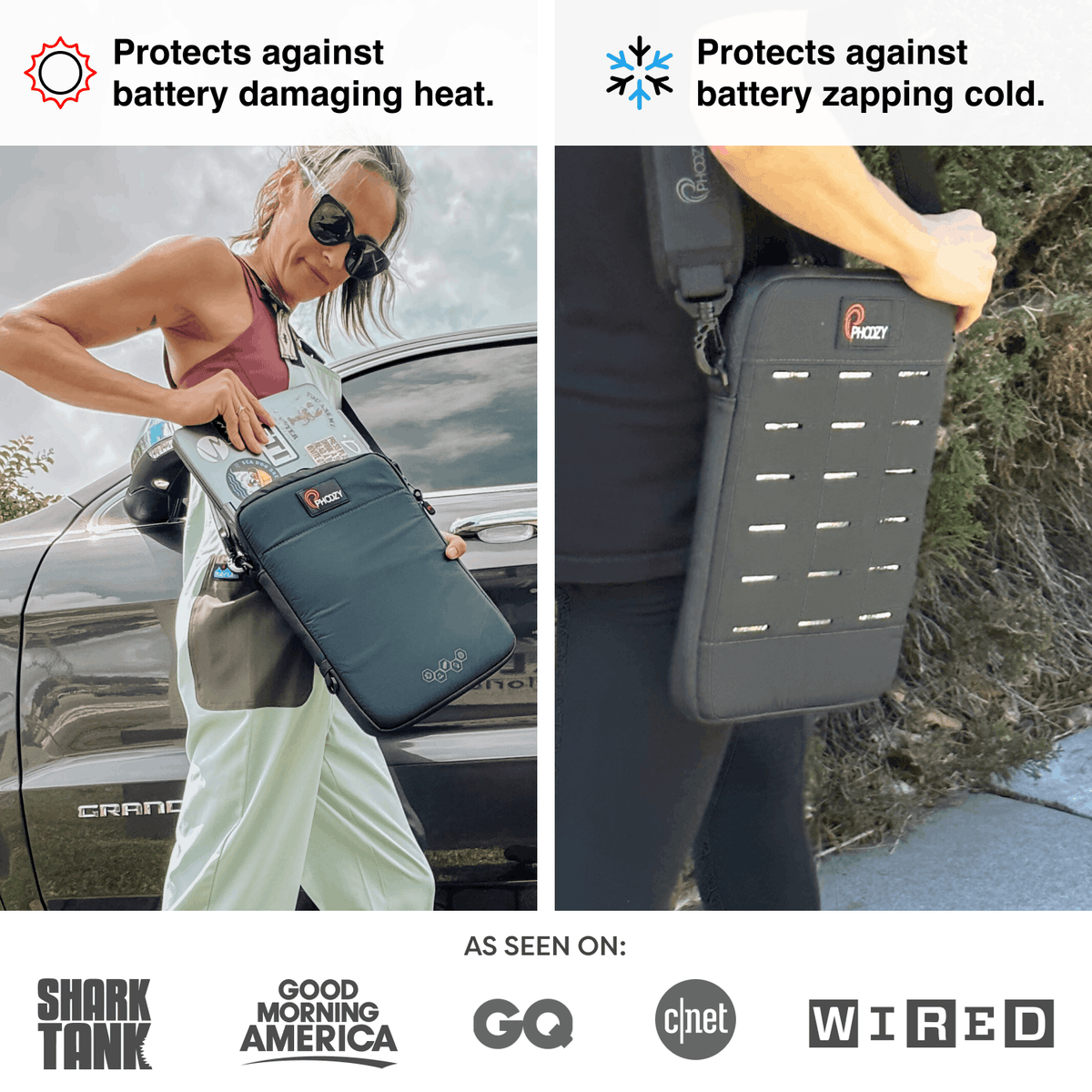 Person carrying dark blue Phozzy tablet crossbody bag with shoulder strap outdoors