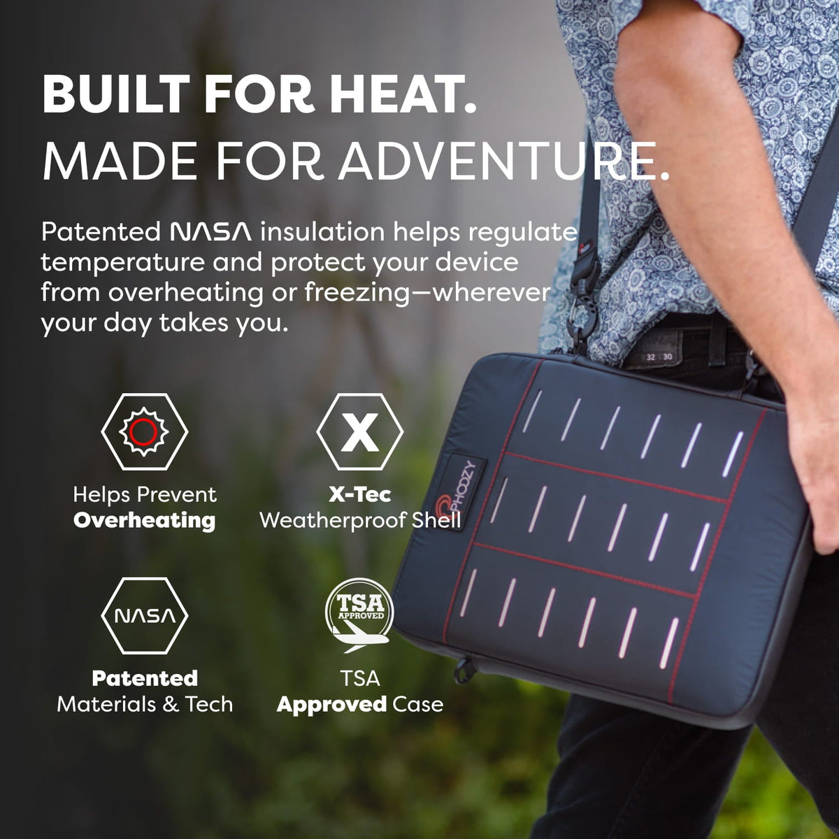 Black camo insulated tablet and laptop crossbody case held on an adult