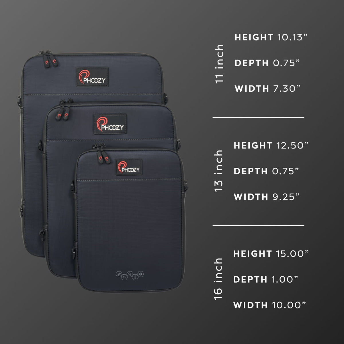 Navy Phozzy tablet sling bag set in three sizes with front logo patches