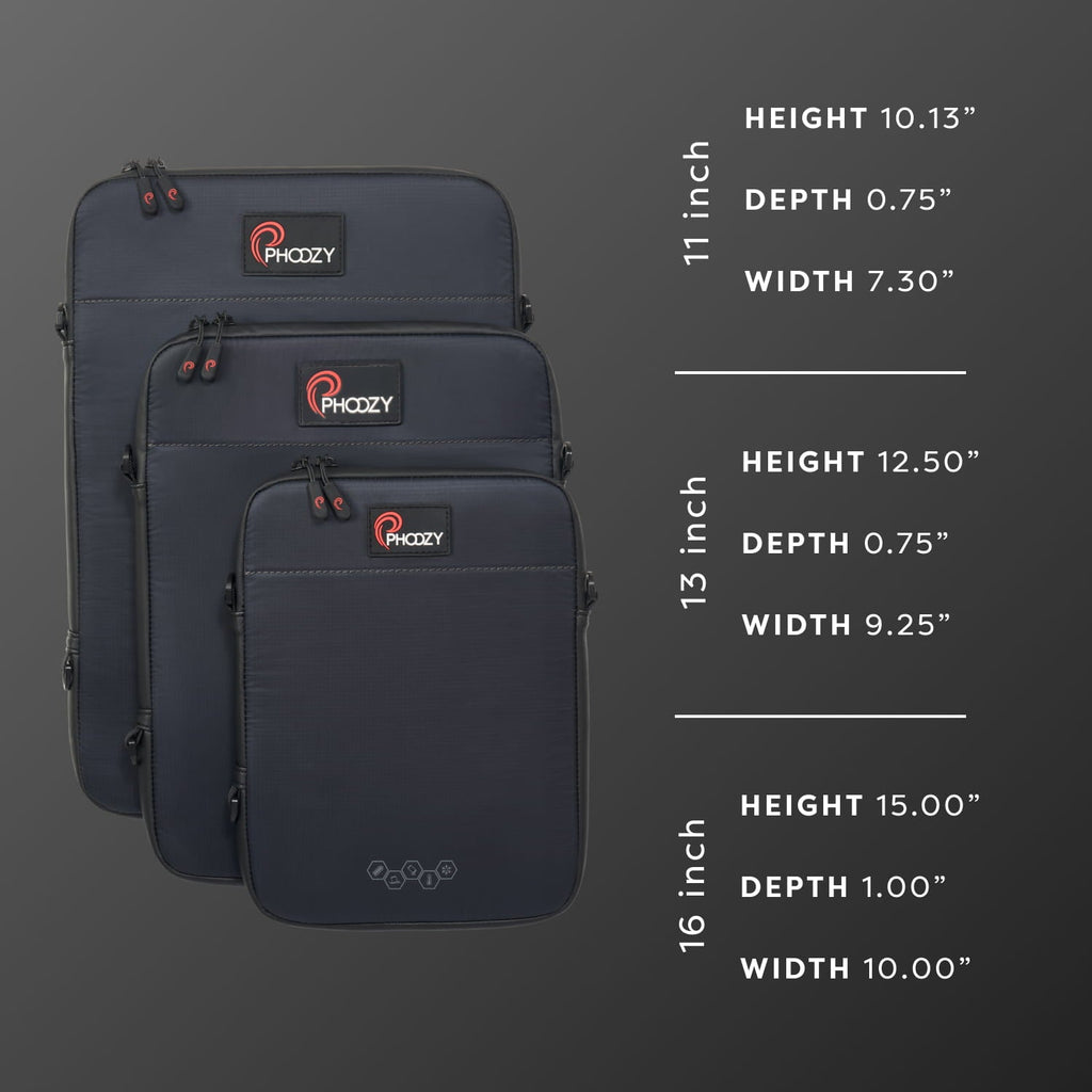 Dark navy insulated tablet and laptop cases shown in three sizes with straps