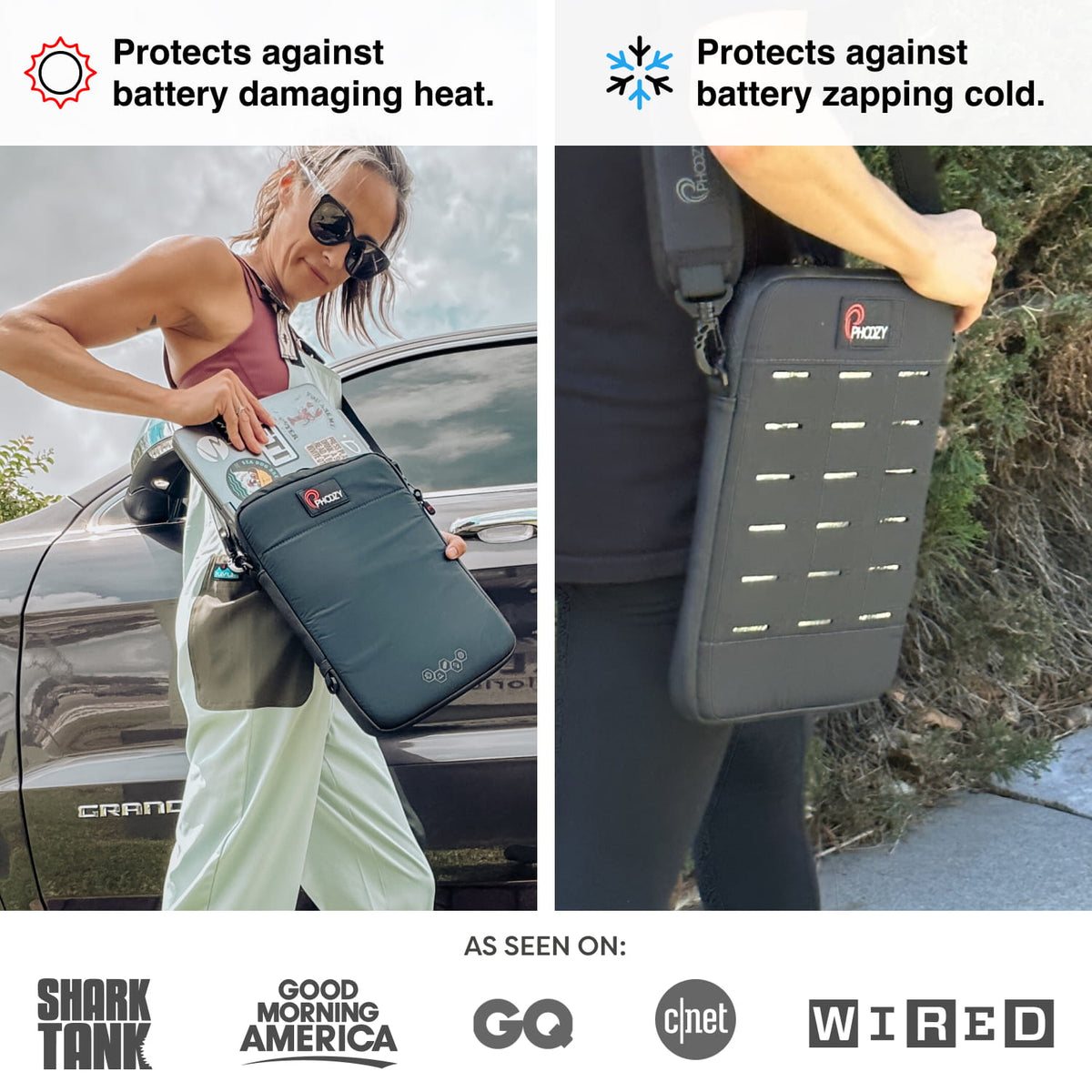Teal insulated tablet and laptop crossbody case held outdoors near a pathway