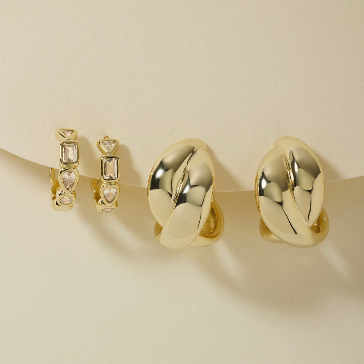 Gemstone hoop earring set with small rectangular-stone hoops and two large gold hoops