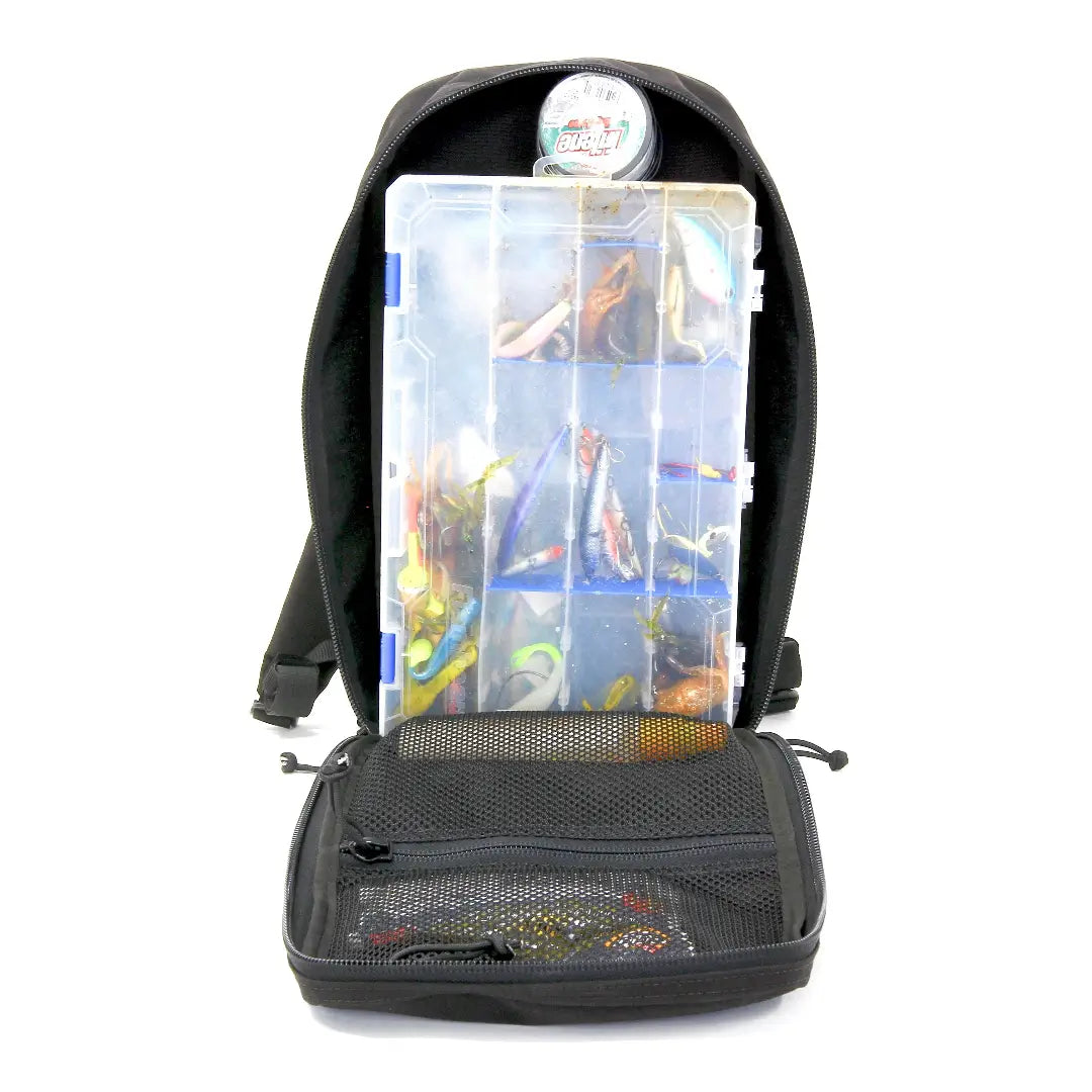 Backpack open to reveal organizer panel and clear storage pouch inside