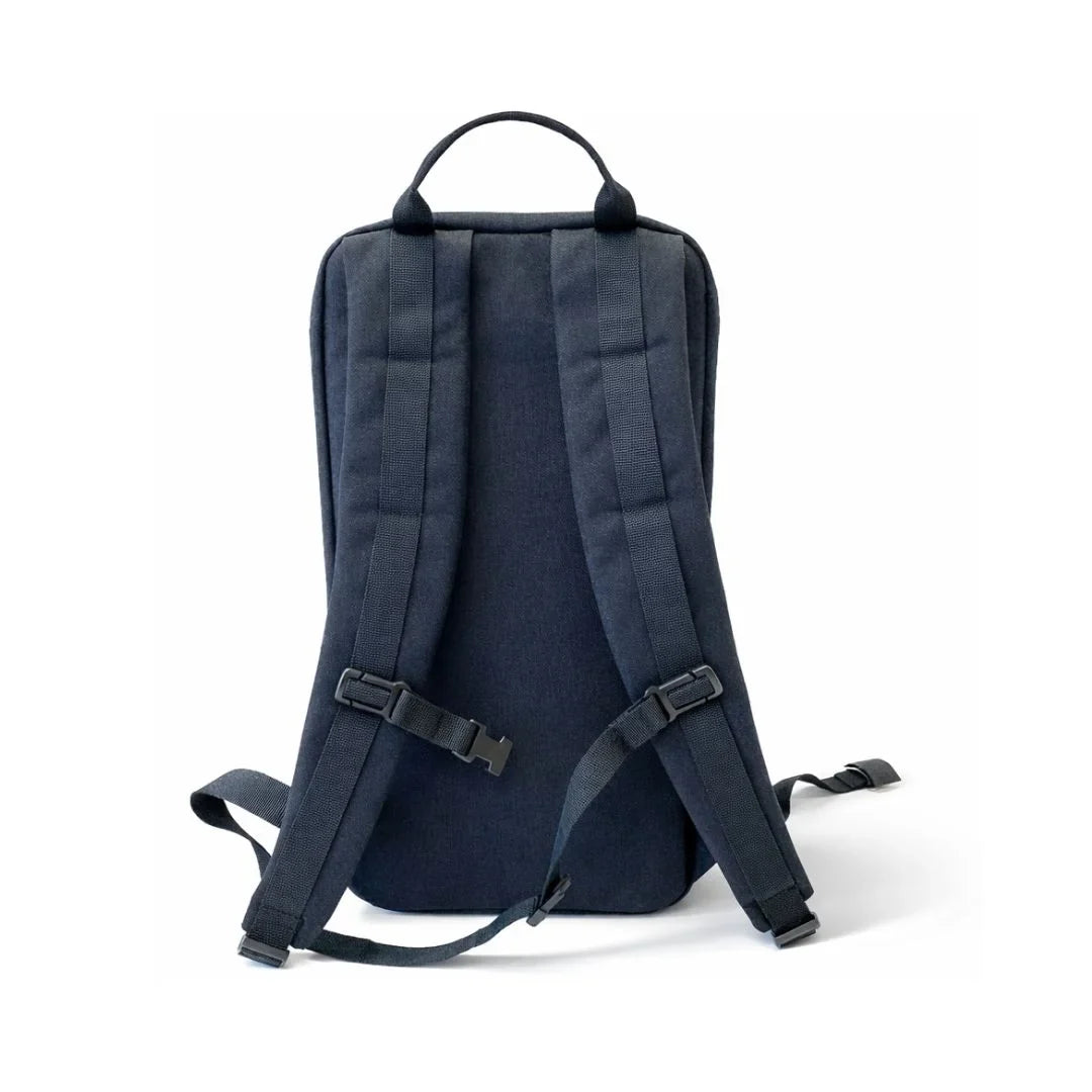 Back view of dark minimalist backpack with padded straps and adjustable buckles