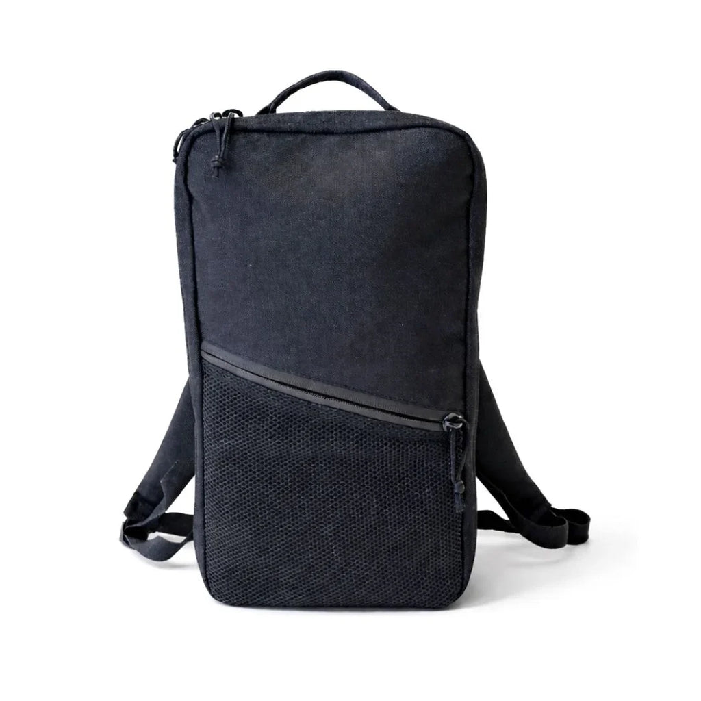 Dark two-tone backpack front view with top handle, zip pocket, and shoulder straps