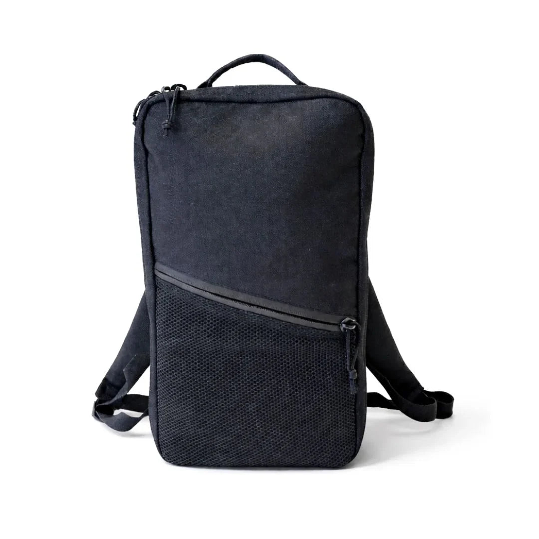 Dark two-tone backpack front view with top handle, zip pocket, and shoulder straps