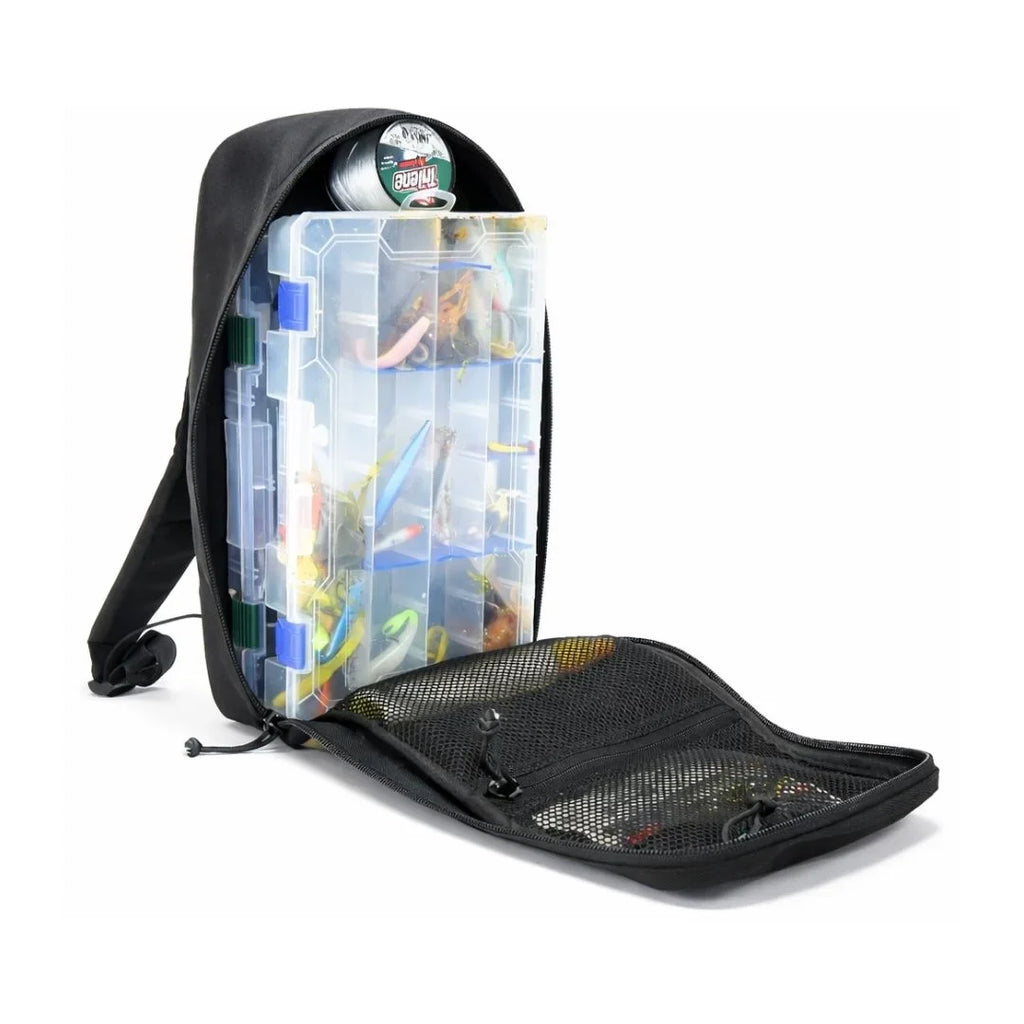 Minimalist backpack with open compartment and clear pouch secured in place