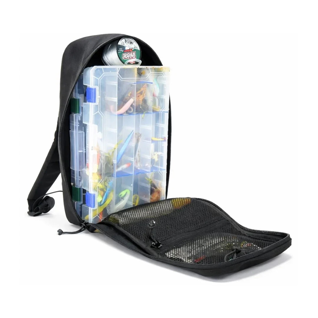 Minimalist backpack with open compartment and clear pouch secured in place