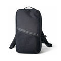 Minimalist dark backpack with top handle, zip front pocket, and adjustable shoulder straps