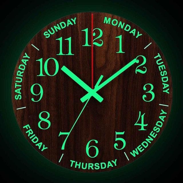 Luminous wooden wall clock with red center line and green glowing numbers, night light