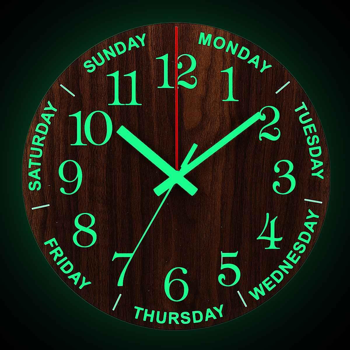Luminous wooden wall clock with neon green hands and glowing weekday numerals, silent design