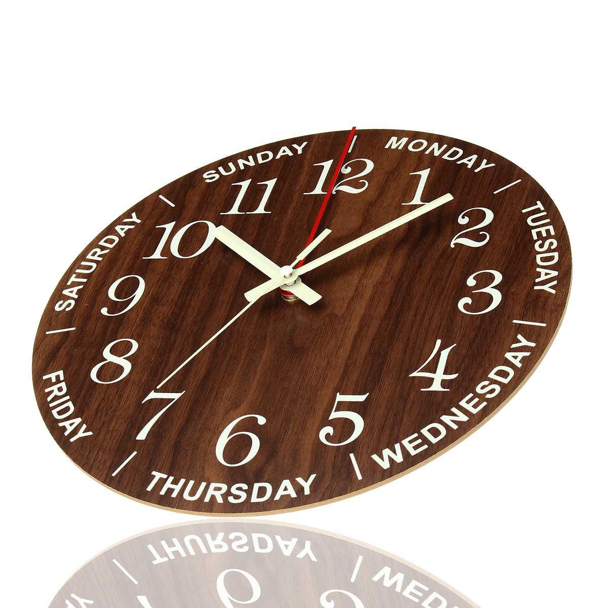 Luminous wooden wall clock angled view with white numerals and hands on wood grain dial