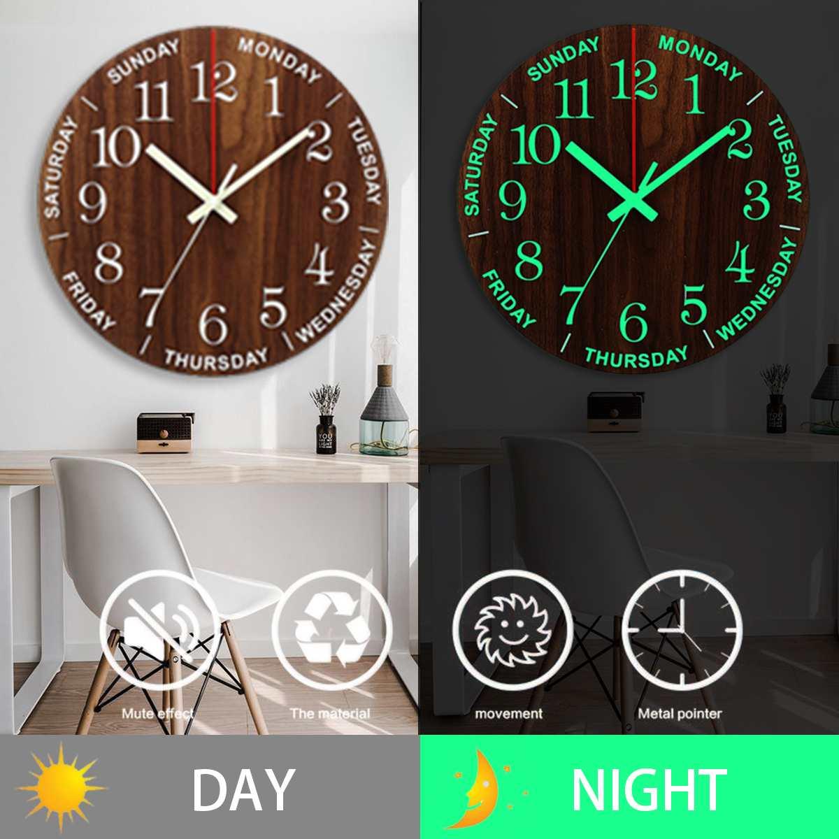 Luminous wooden wall clock with white hands and markers on dark wood dial, day/night indicator