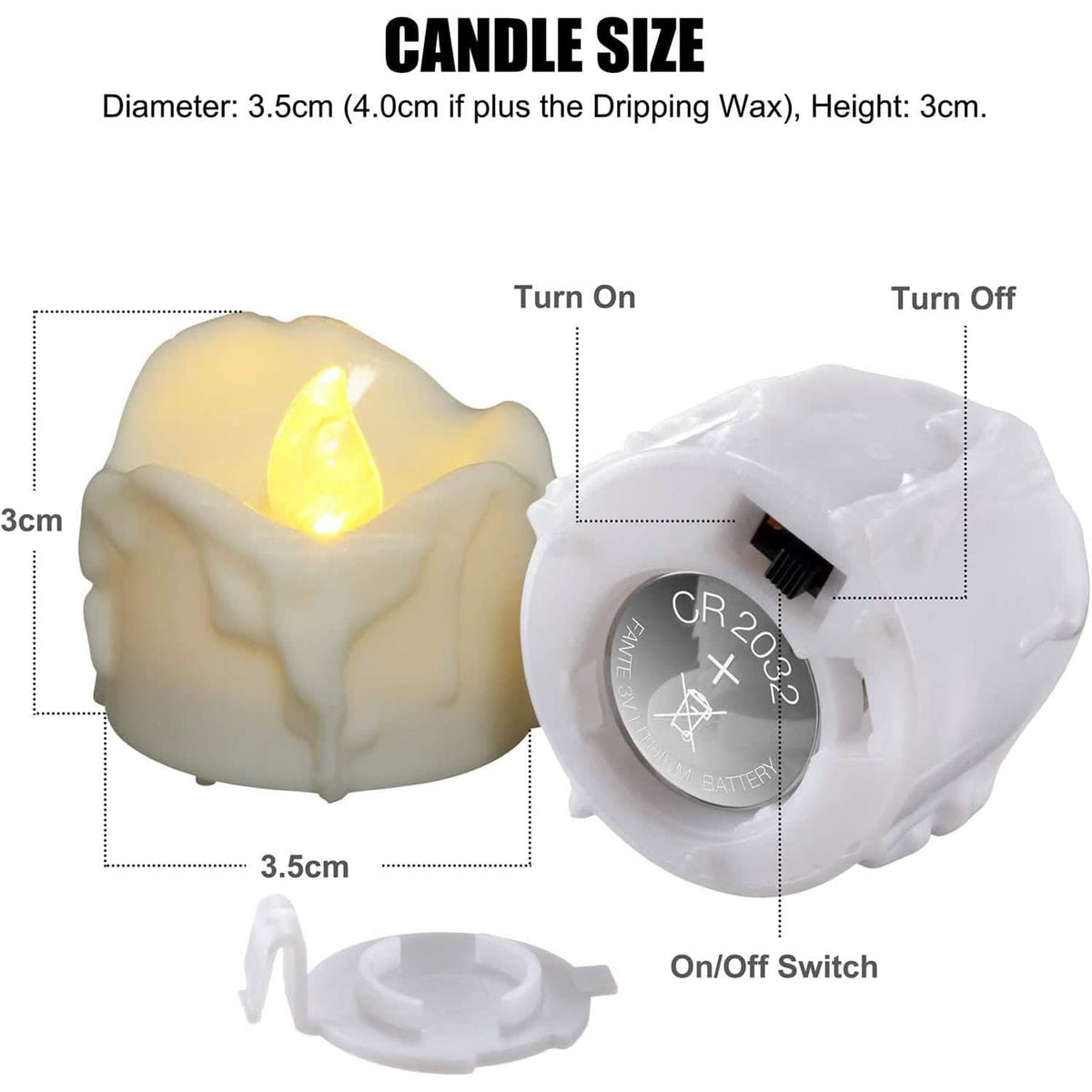 White LED candle timer, on/off switch and battery compartment with size view diagram
