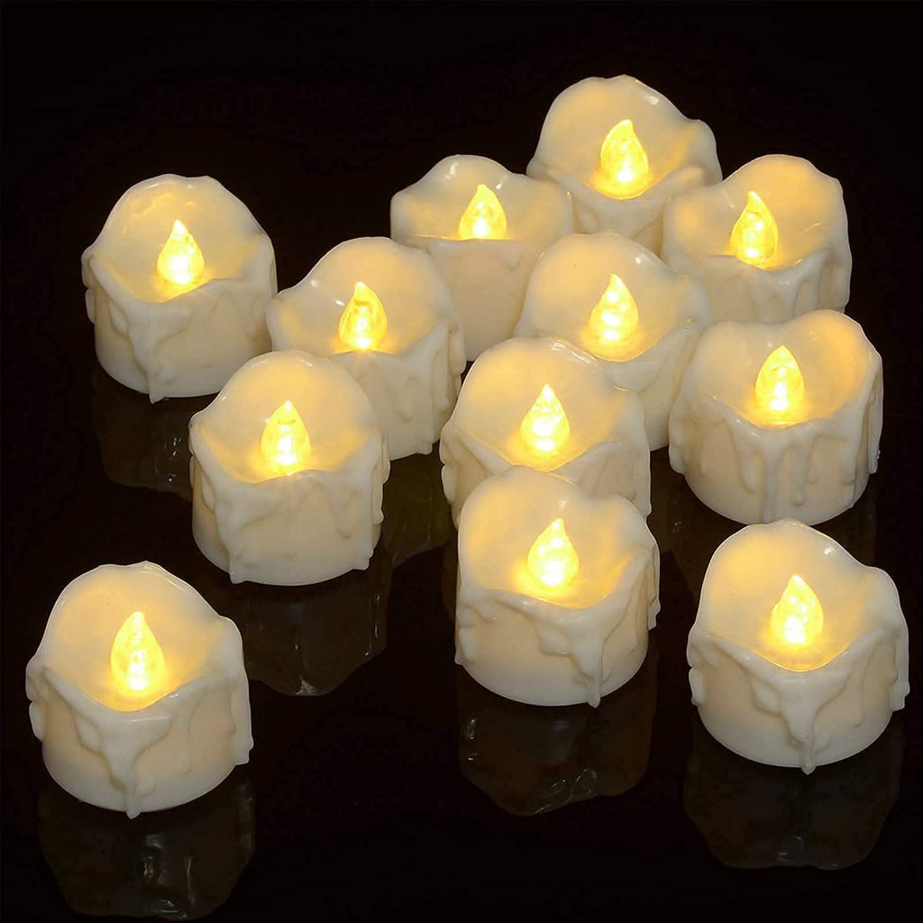 Twelve white LED votive candles with glowing yellow LED flames