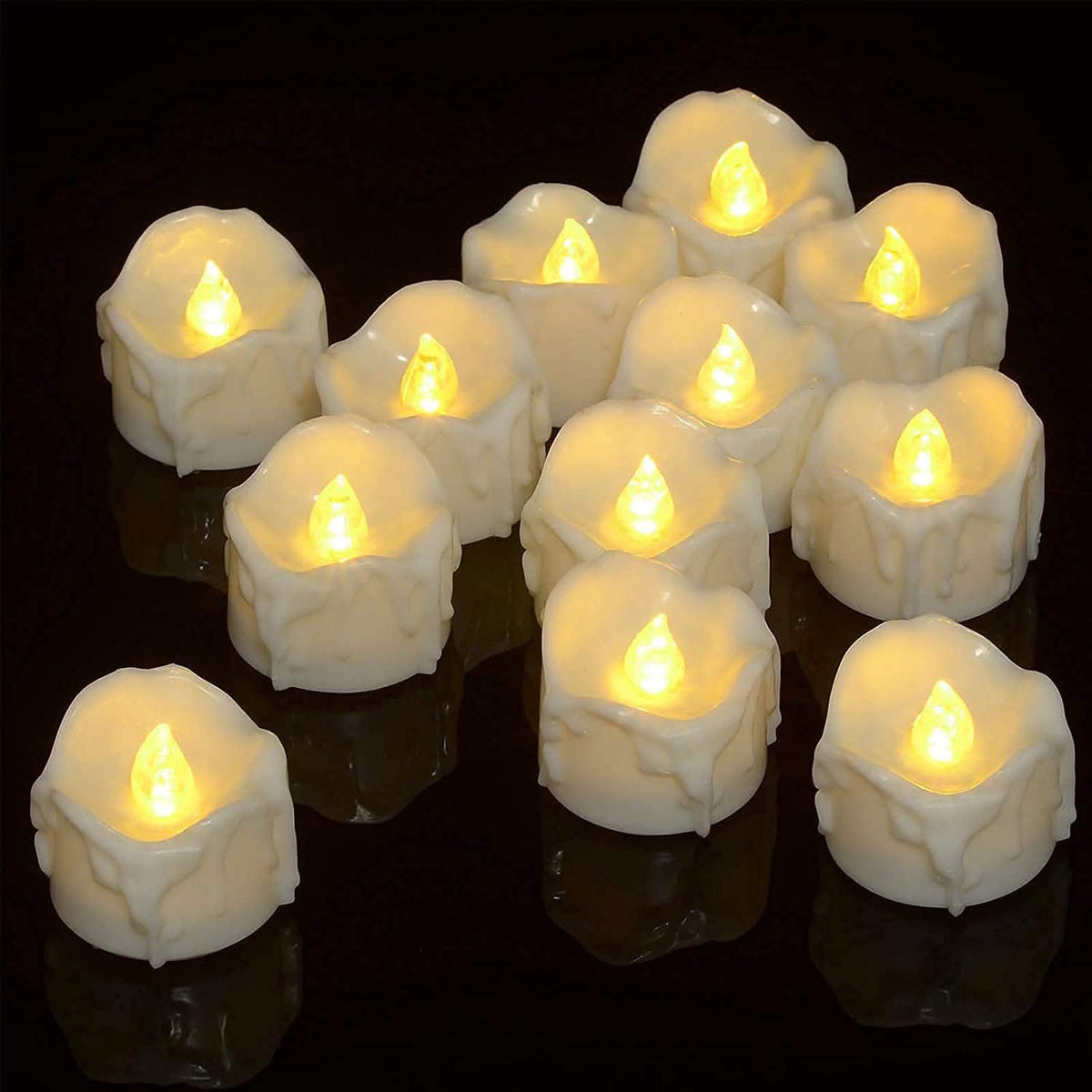 Twelve white LED votive candles with glowing yellow LED flames