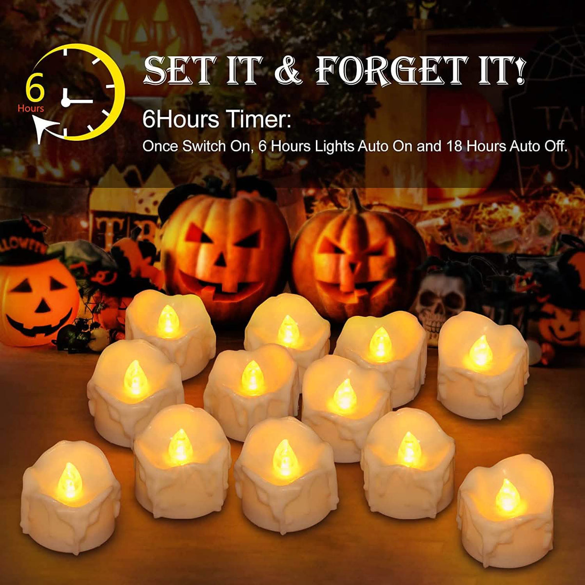 Pack of white LED flame candles in holders, each with a glowing candle-flame