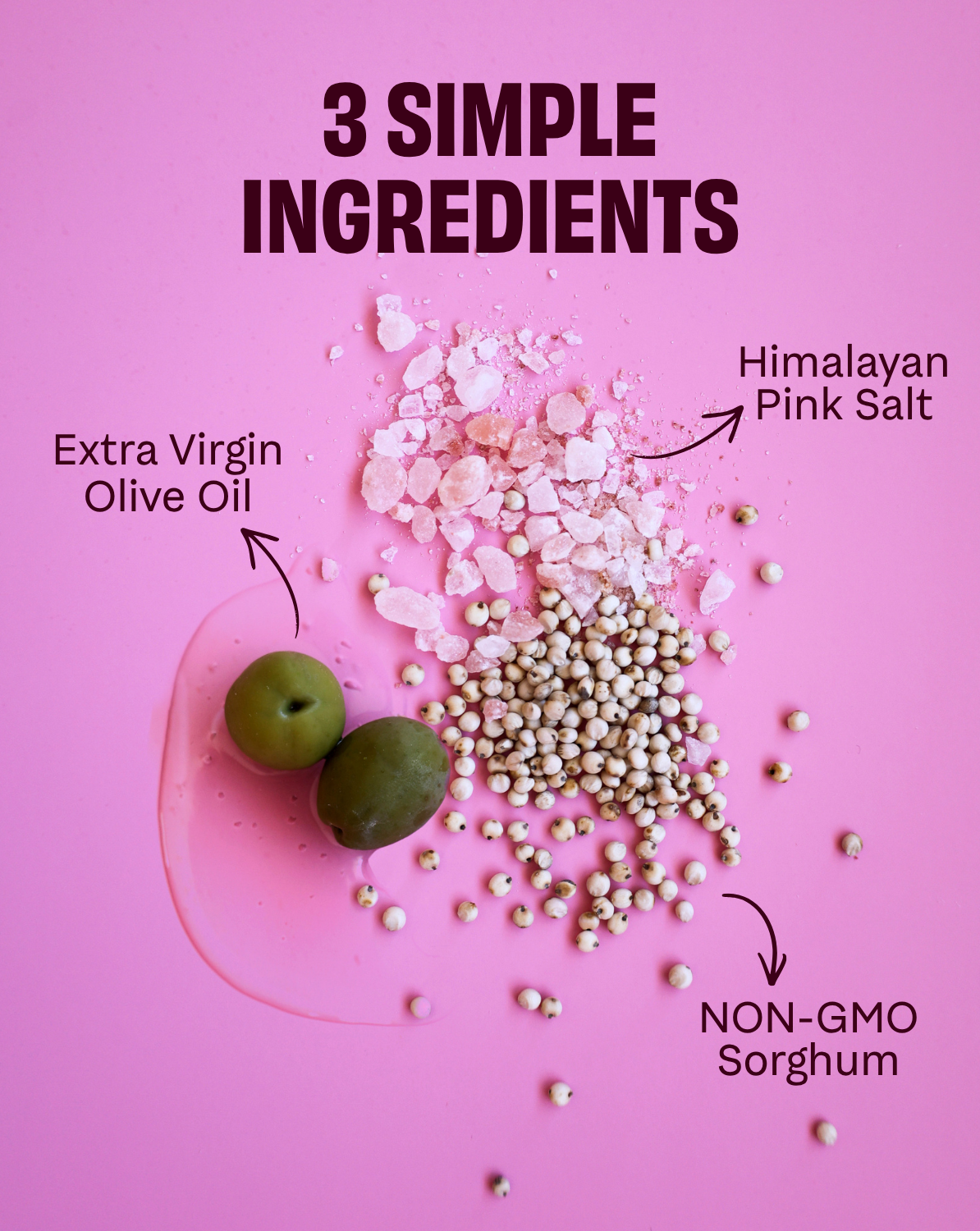 Cob popcorn 3-ingredient infographic with extra virgin olive oil and Himalayan pink salt.