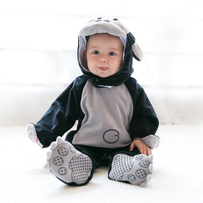 Baby Halloween animal jumpsuit in dark green with gray belly and white-trimmed hood