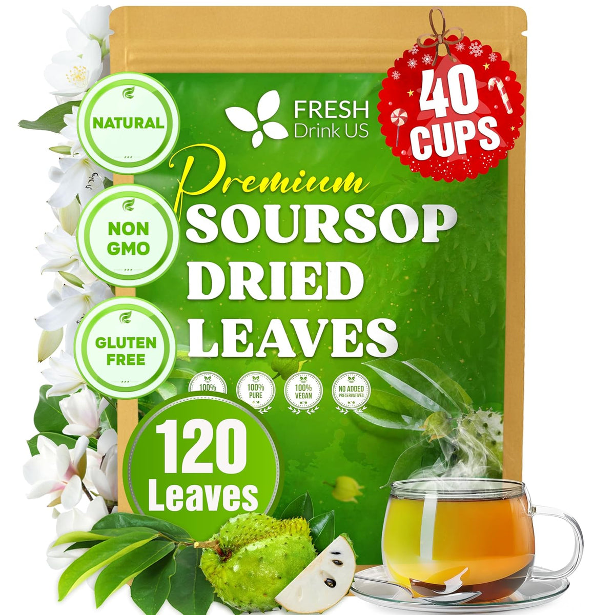 Green soursop dried leaves pouch, 120 leaves with teacup and leaf pieces