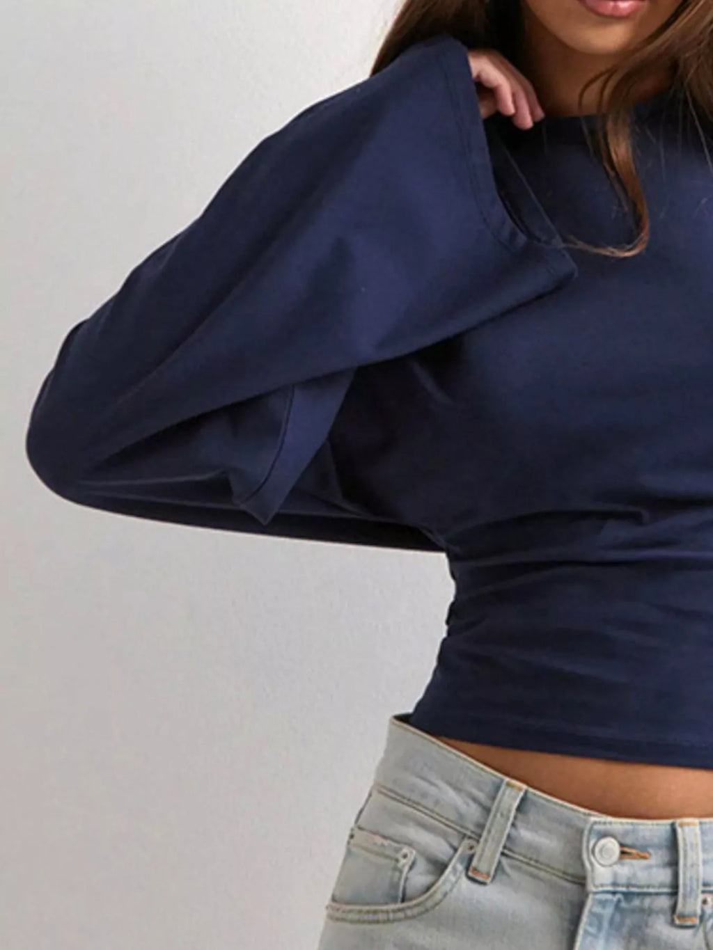Plus size fitted long-sleeve T-shirt in navy with crew neck and draped long sleeves