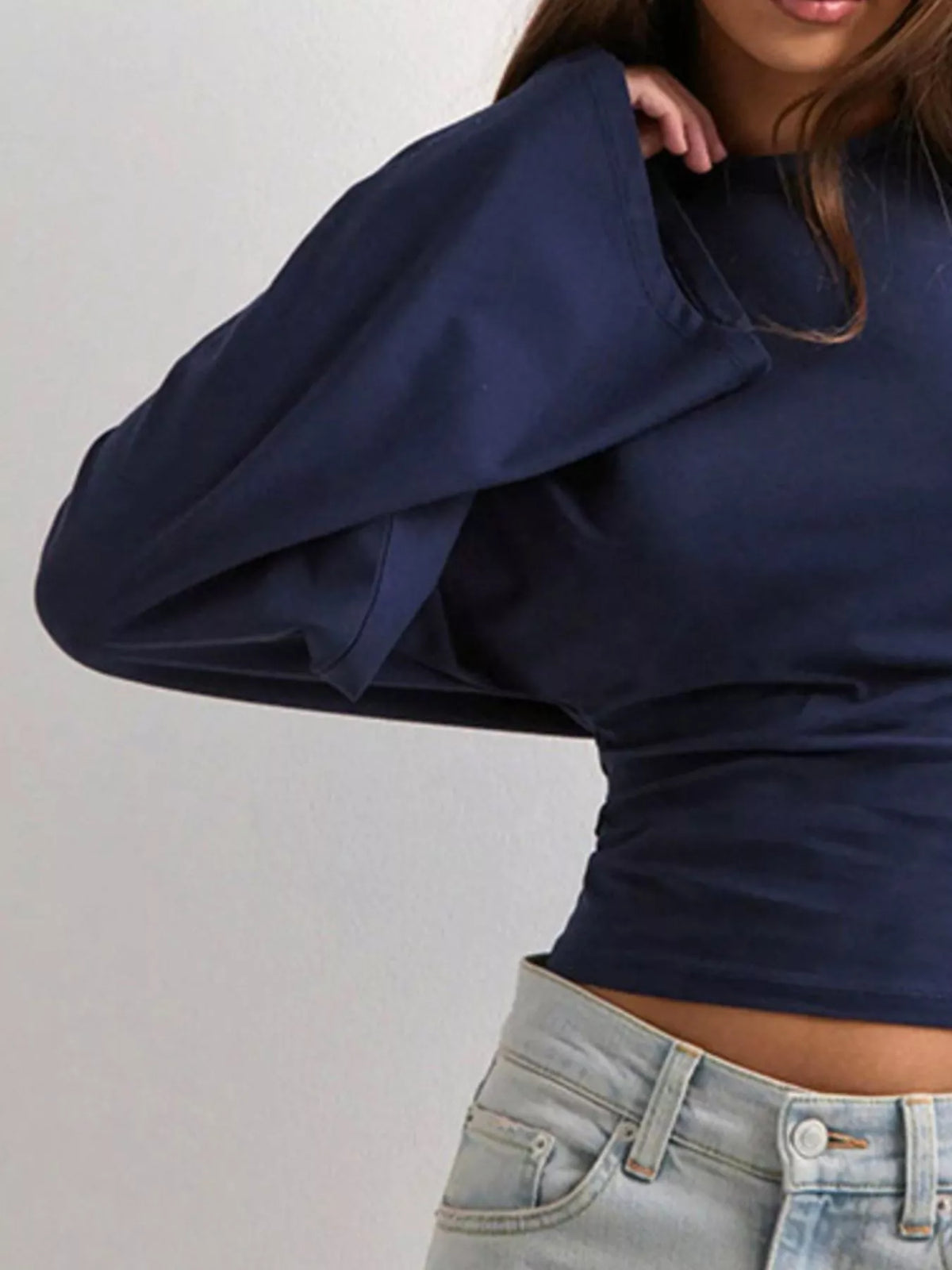 Plus size fitted long-sleeve T-shirt in navy with crew neck and draped long sleeves