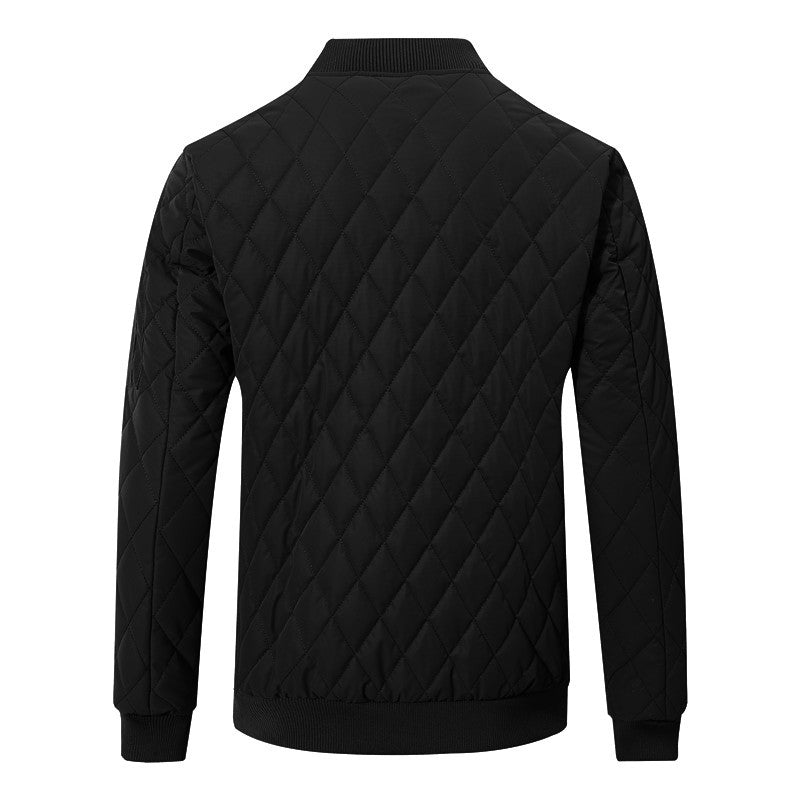 Black stand-collar cotton-padded leather jacket, quilted back view