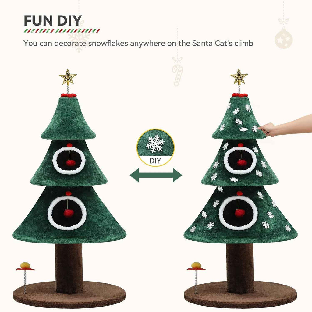 Green Christmas cat tree with two round house openings and removable snowflake decorations