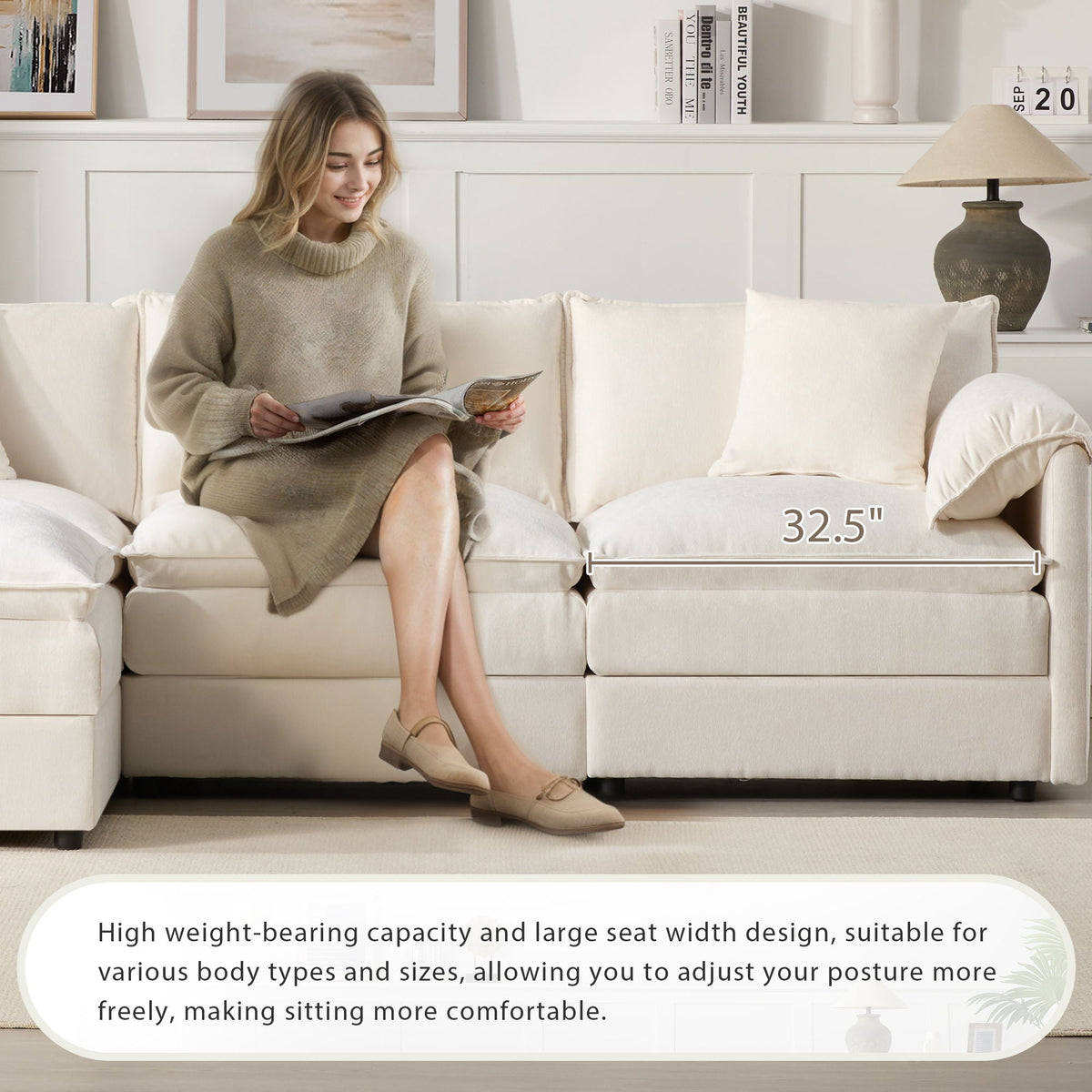 Beige sectional sofa with deep seat cushions, wide arms, and back pillows