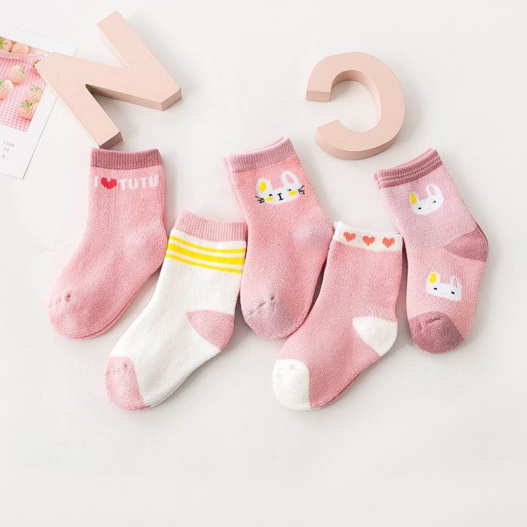 Children's terry sock set in pink and white with bunny and 'tutu' print
