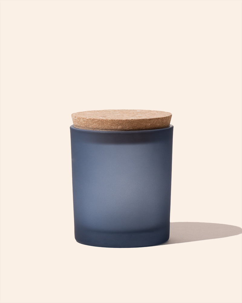 Frosted black 7oz candle vessel with round cork lid