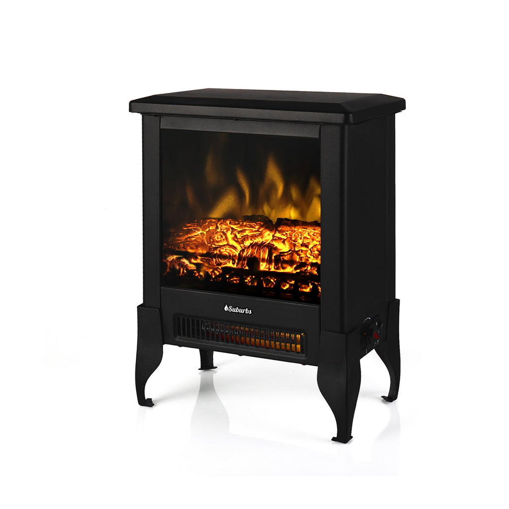 Black electric fireplace stove heater with realistic glowing flame effect in glass front