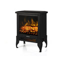 Black electric fireplace stove heater with realistic glowing flame effect in glass front