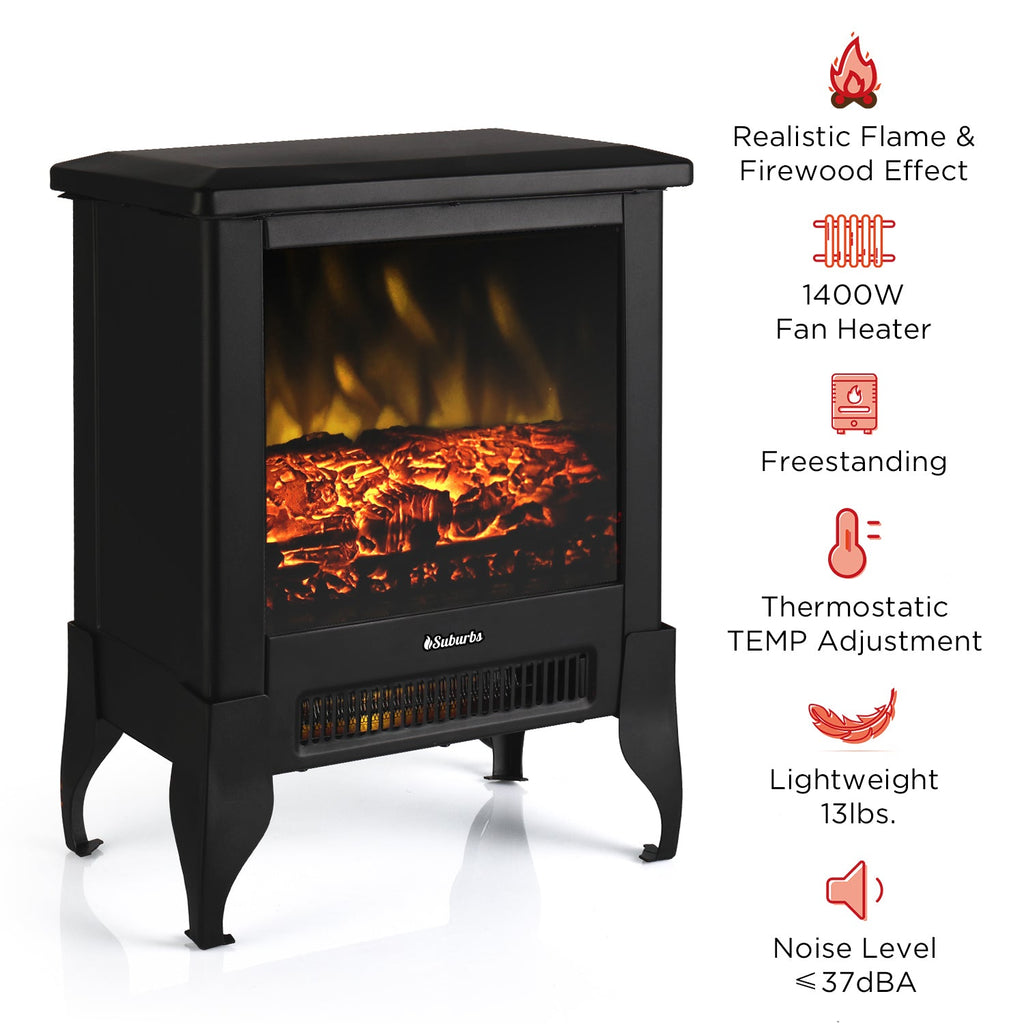 Black electric fireplace stove heater with glass front and decorative flame and ember light