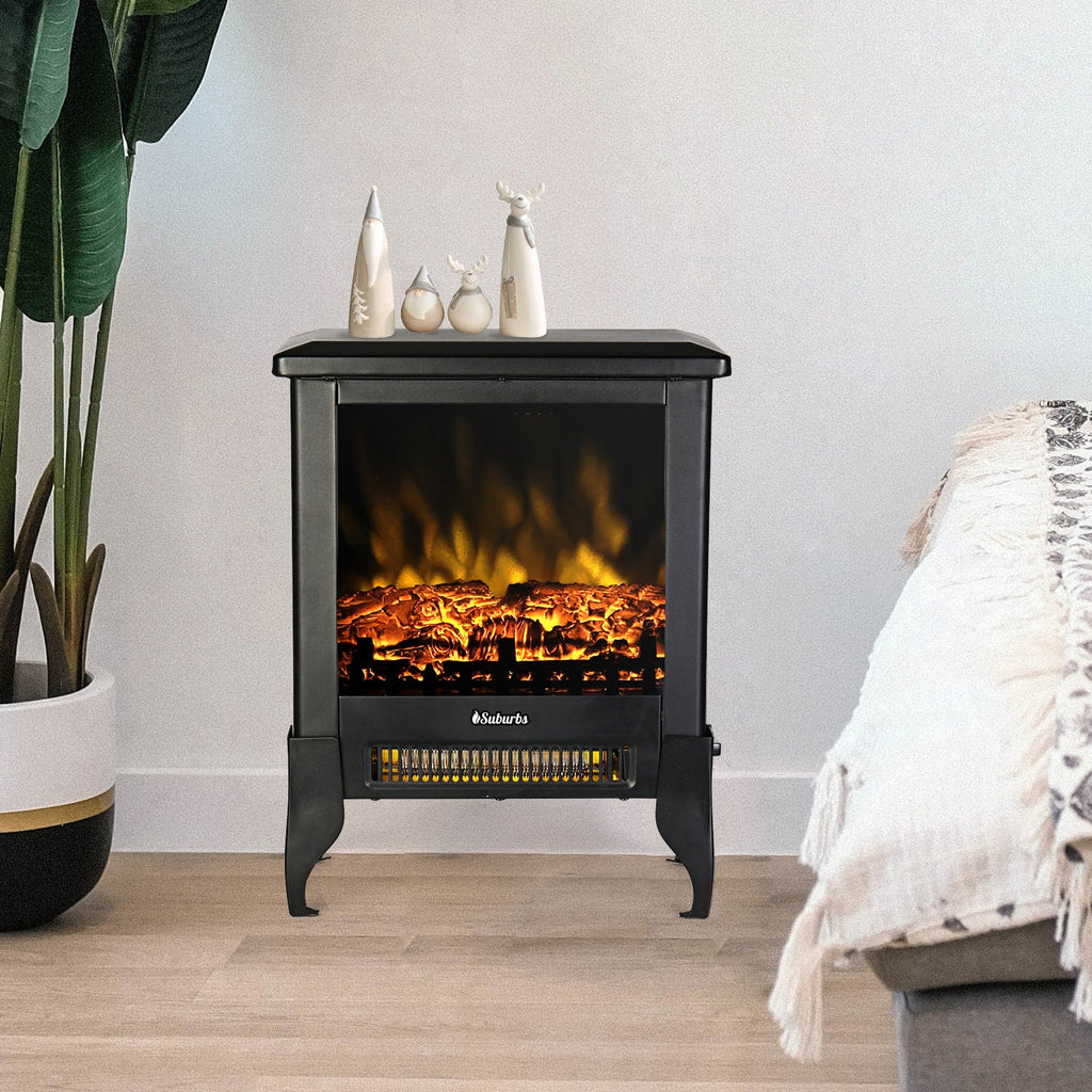 Freestanding black electric fireplace stove heater with burning ember bed and flame display