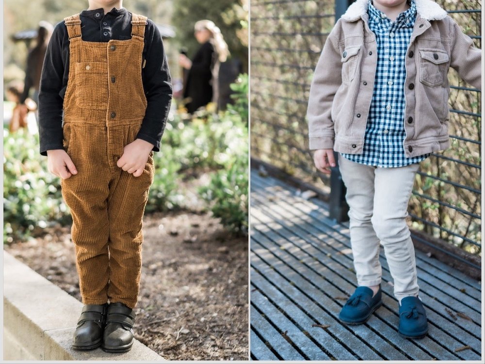 Kids barefoot shoes on children: black boots and blue slip-on shoes
