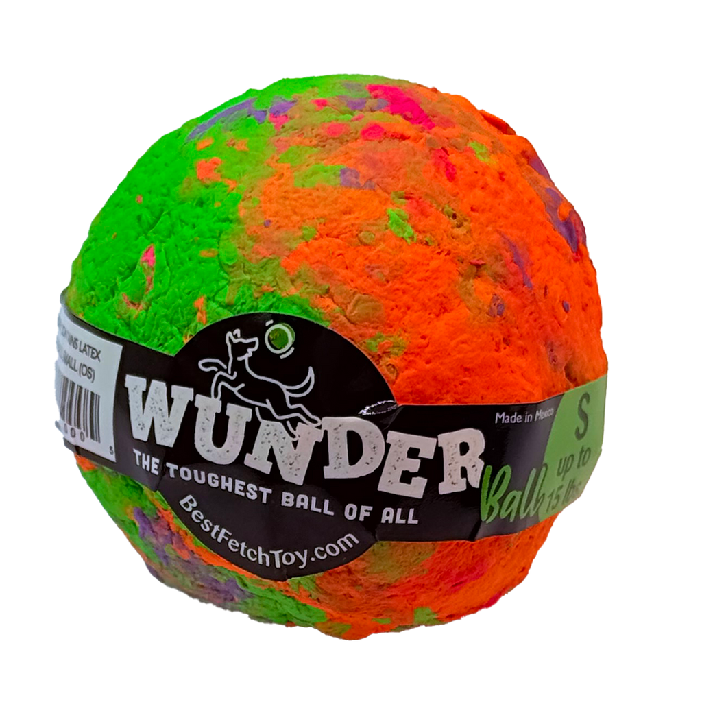 Colorful swirl textured dog fetch ball with black WUNDER label