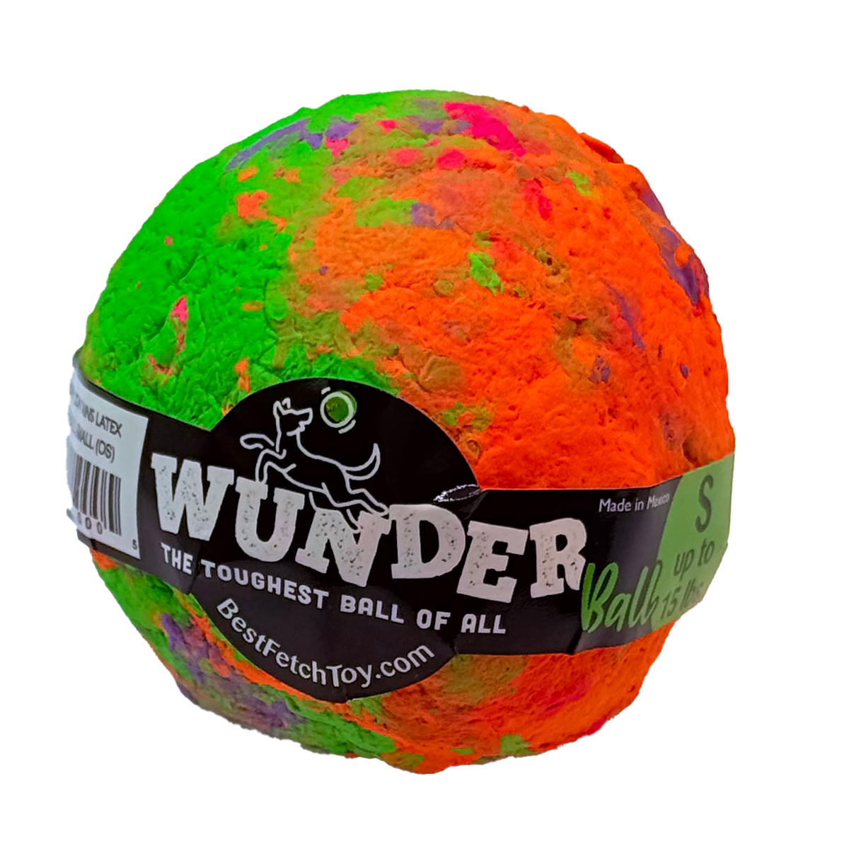 Colorful swirl textured dog fetch ball with black WUNDER label