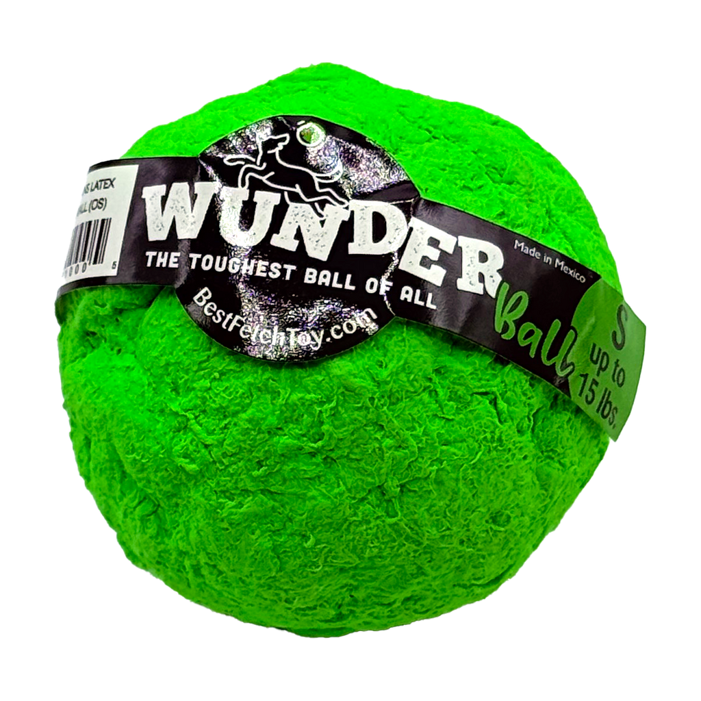 Neon green textured fetch ball with black 'Toughest Ball' label.
