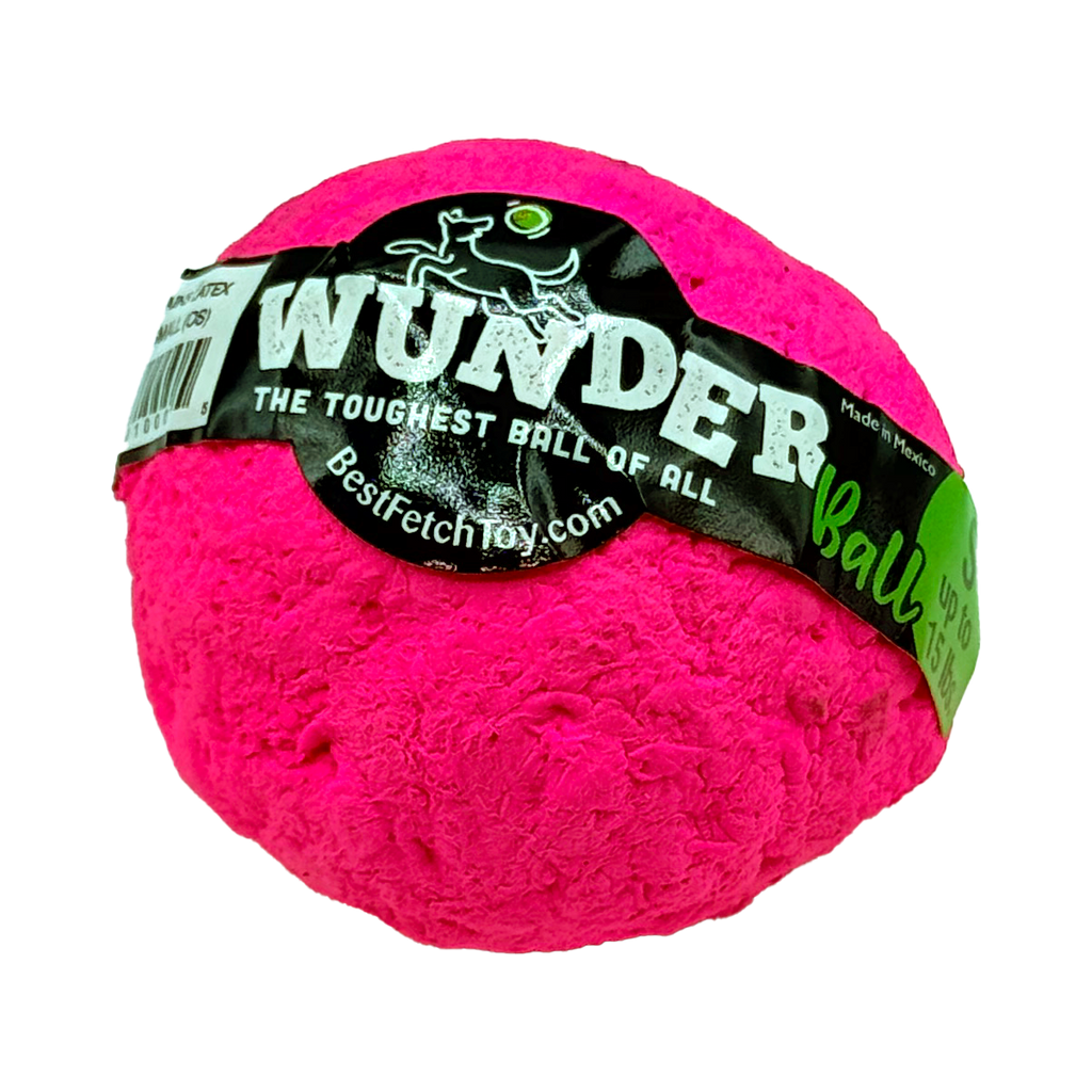 Hot pink textured fetch ball with black 'Toughest Ball' label.
