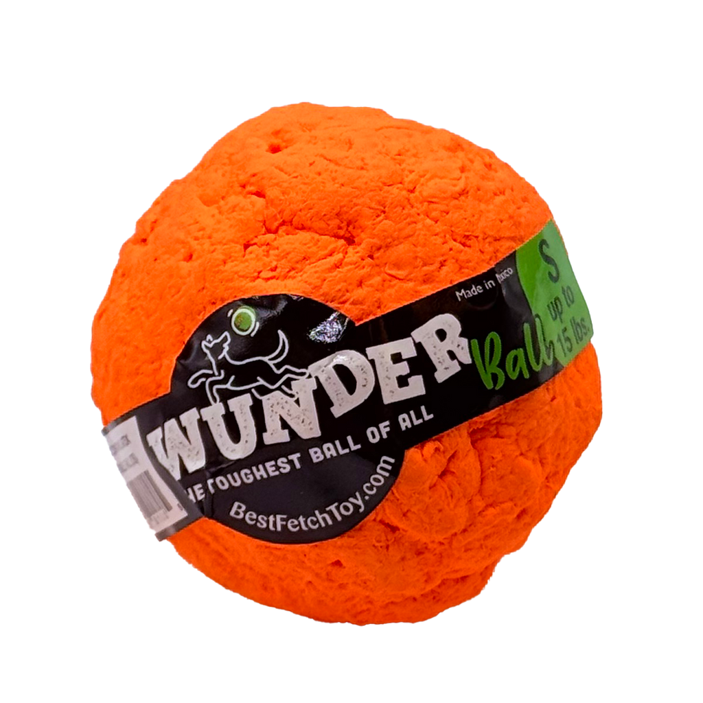 Orange textured fetch ball with black 'Toughest Ball' label band.