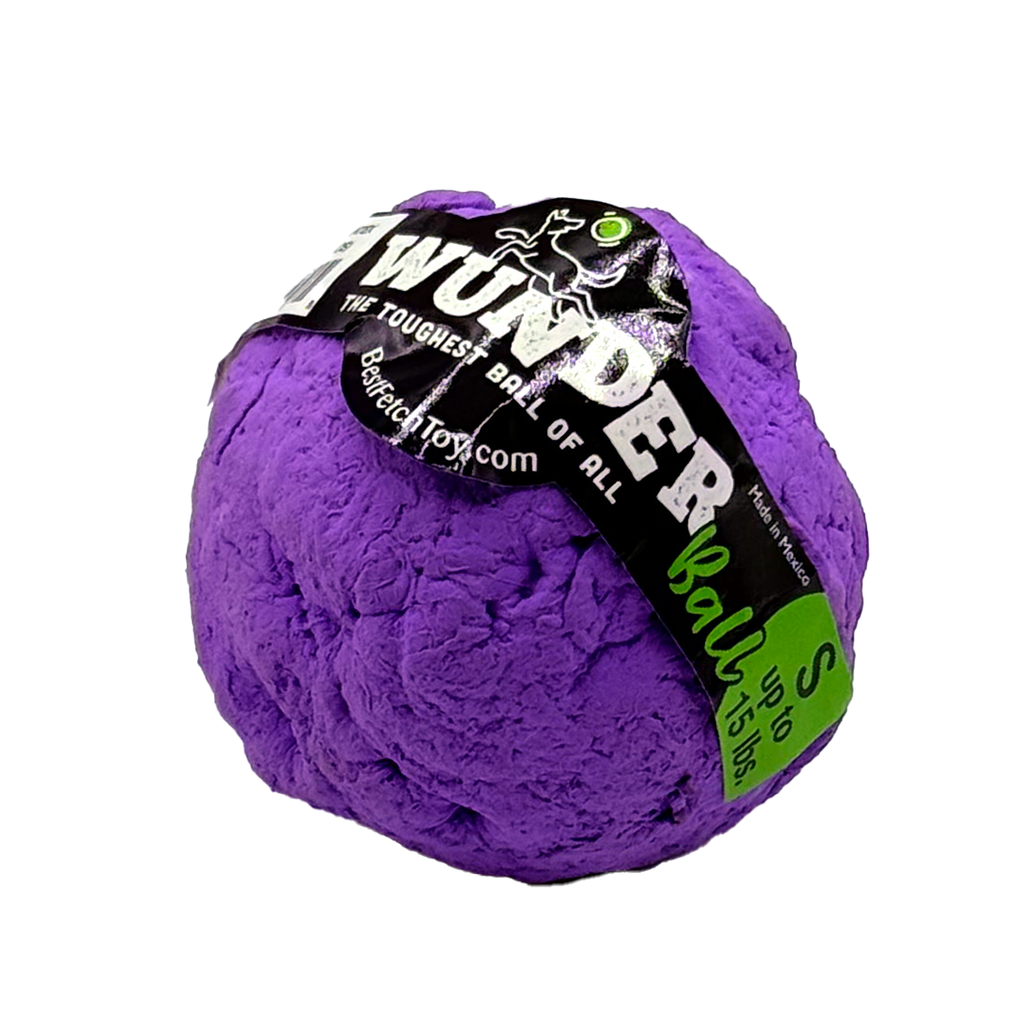 Purple textured fetch ball with black 'Toughest Ball' label band.