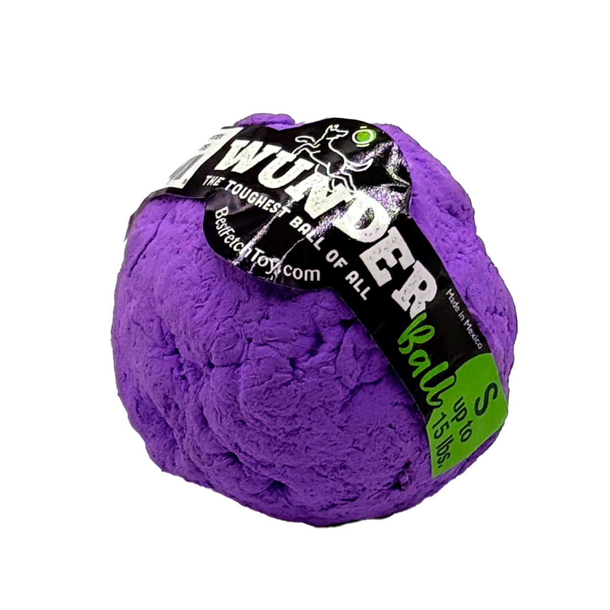Purple textured fetch ball with black 'Toughest Ball' label band.