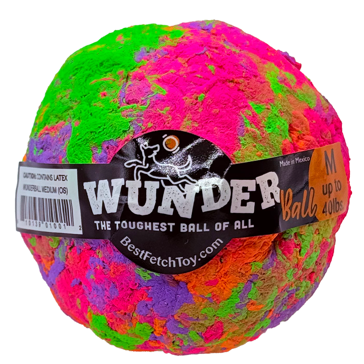 Multicolor swirl textured dog fetch ball with black WUNDER label