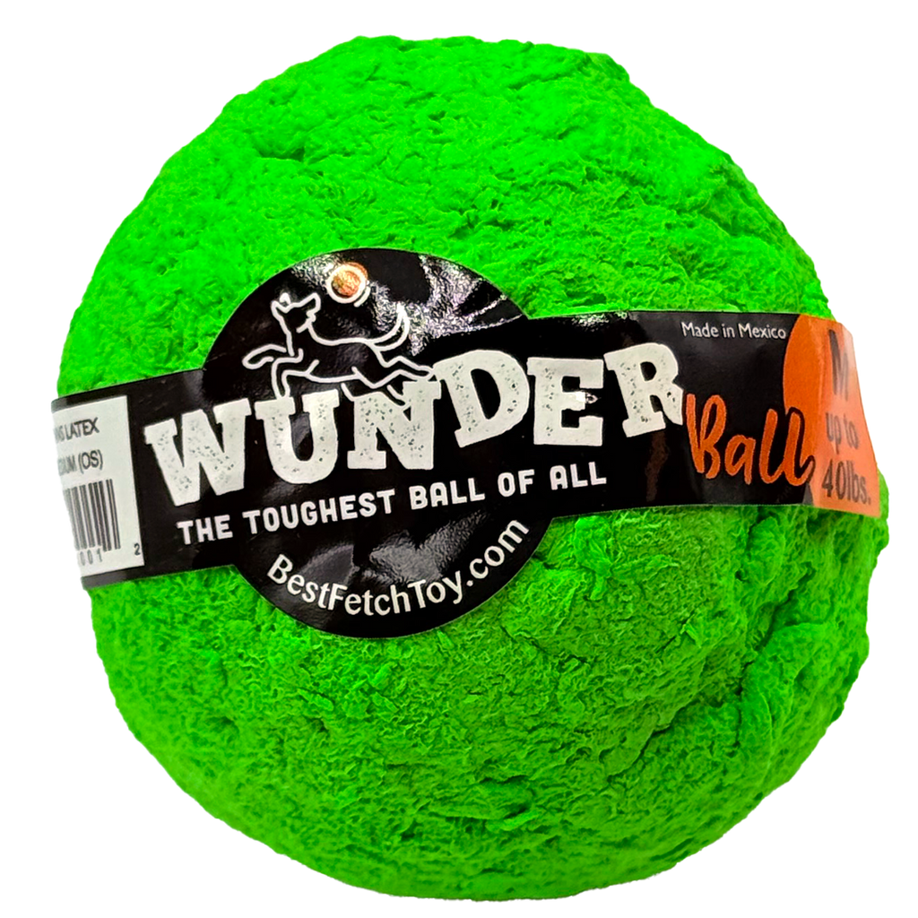 Green textured dog fetch ball with black WUNDER label